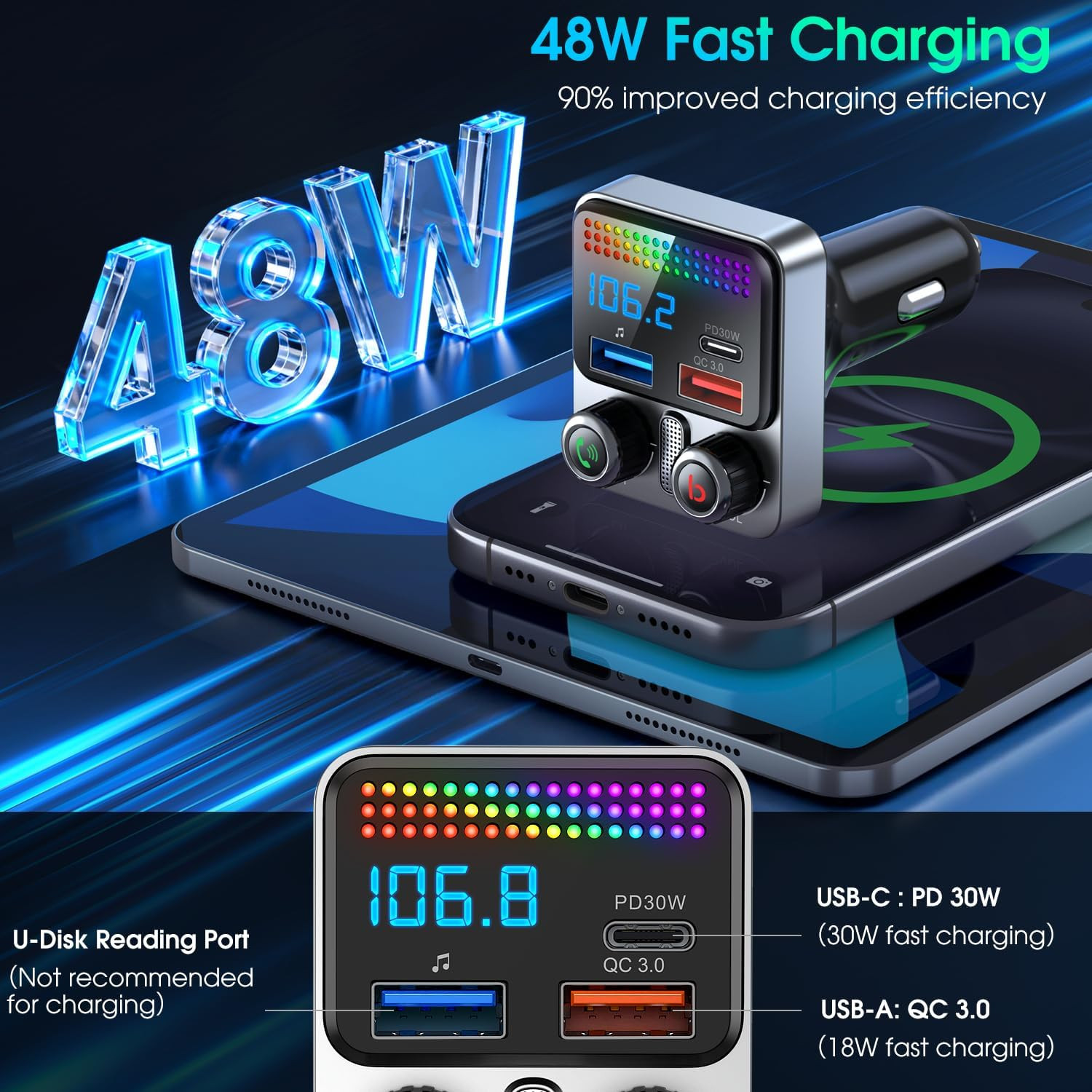 Transmisor FM Radio Bluetooth USB Para Carro Auto For Car Con Pantalla Digital