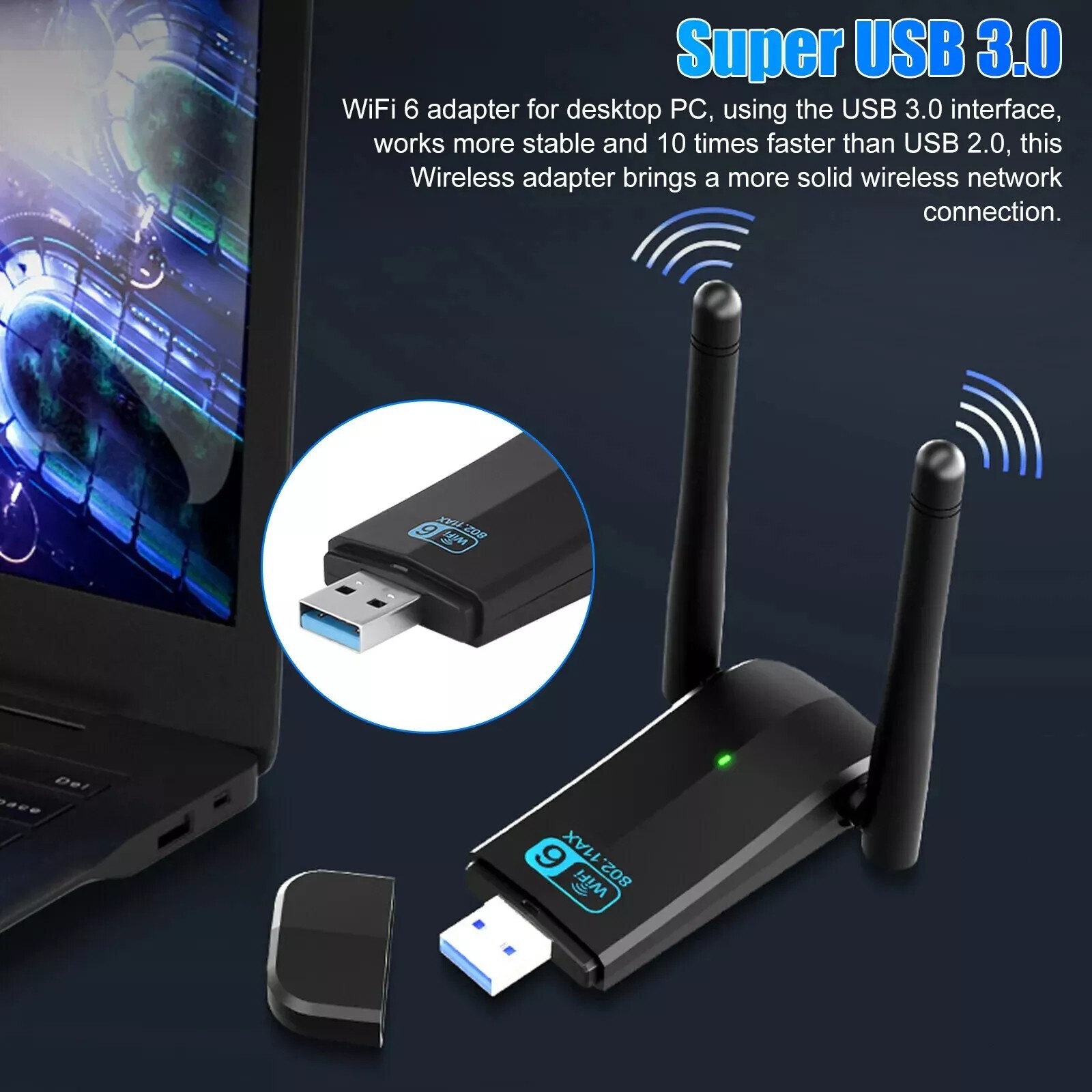 1080Mbps PC Laptop Dual Band 2.4/5GHz Wireless USB 3.0 WiFi Adapter Antennas