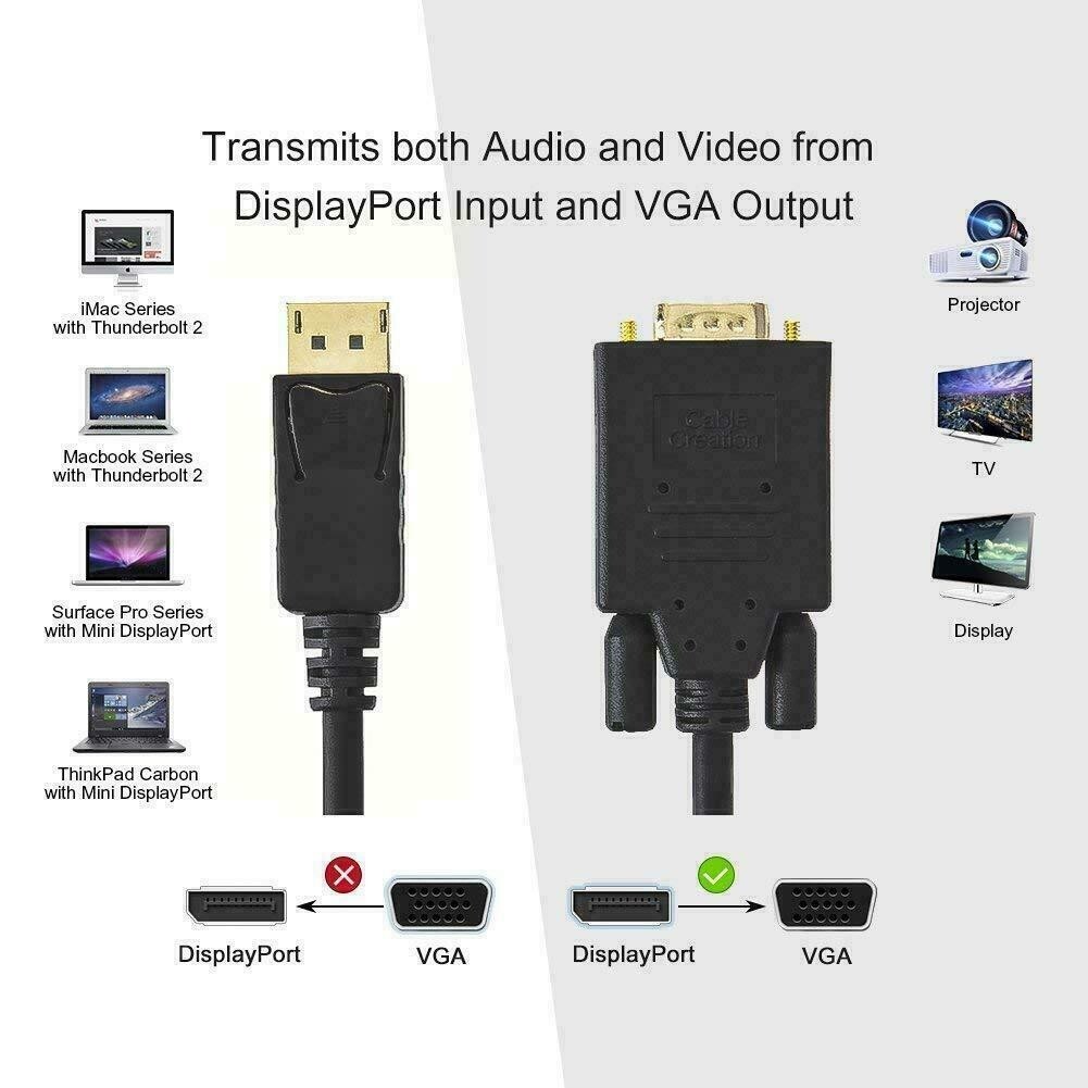 6 Feet long Gold Plated DisplayPort DP Male to VGA Male Cable Cord For Lenovo