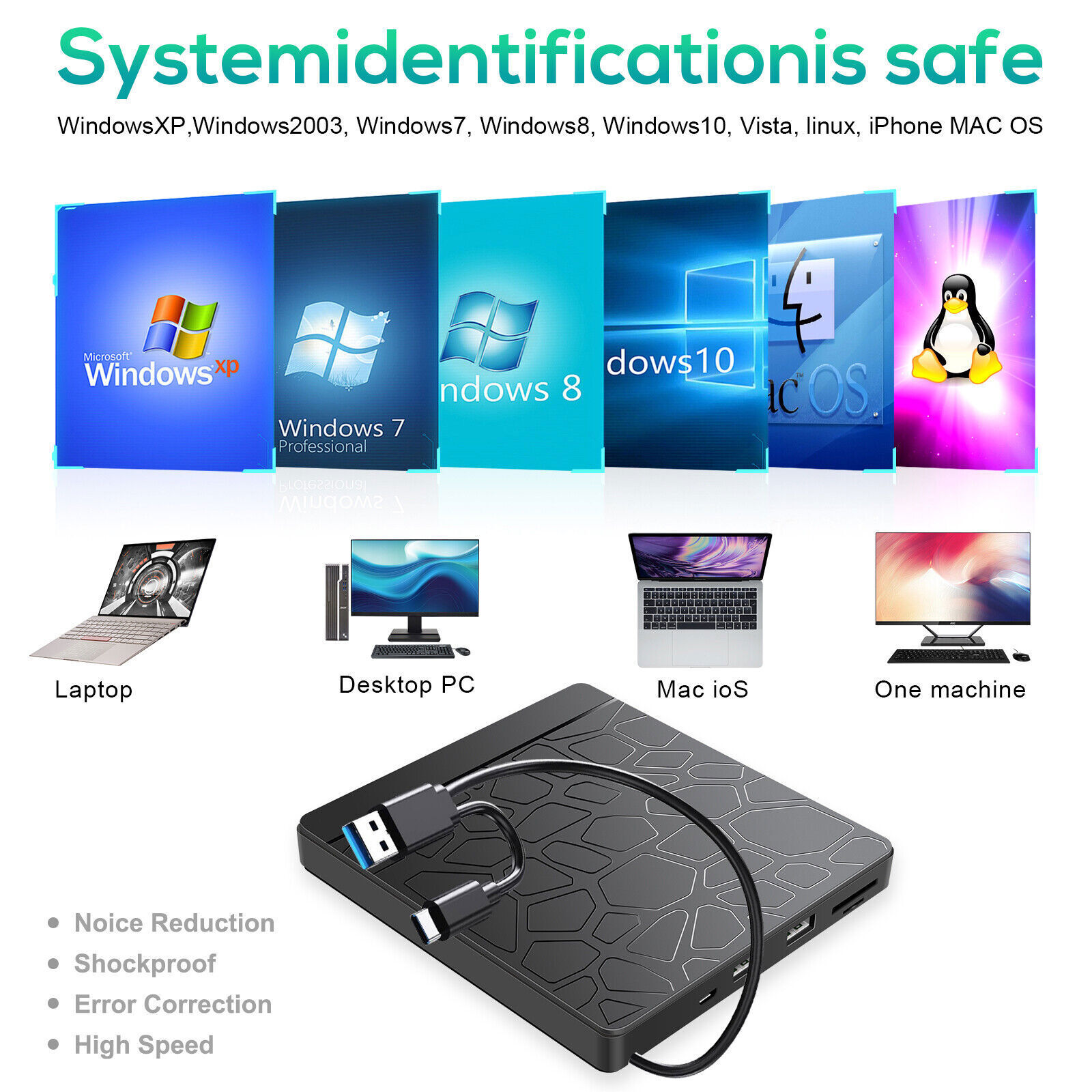USB External DVD CD Hard Disc Burner Player Reader Optical Drive for PC Laptop