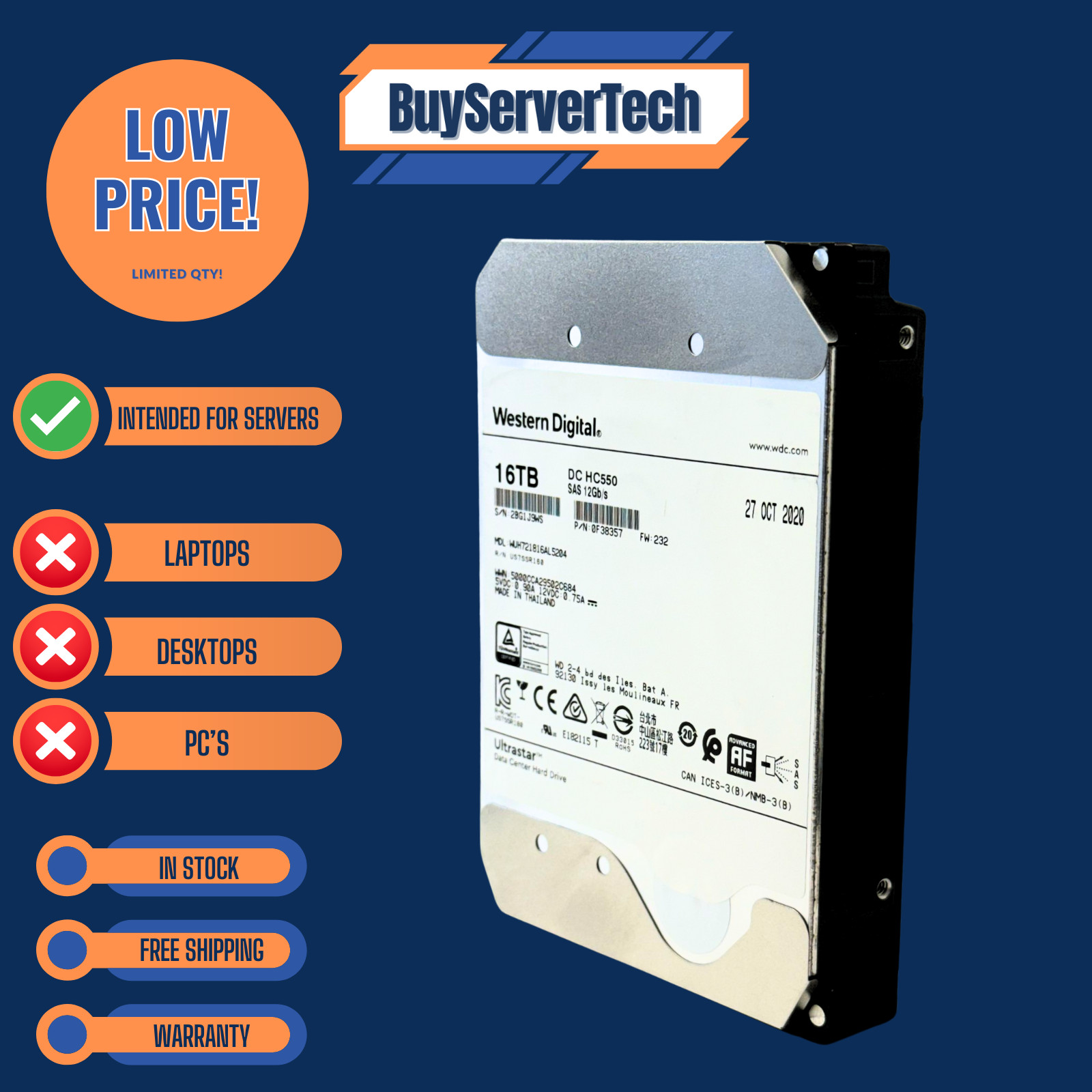WD 0F38357 16TB HC550 7.2K SAS 3.5″ HDD WUH721816AL5204 | Grade A | 1YR