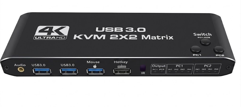 4K Ultra HD USB 3.0 KVM 2×2 Matrix Switch PC1/PC2 Selector – Unit Only