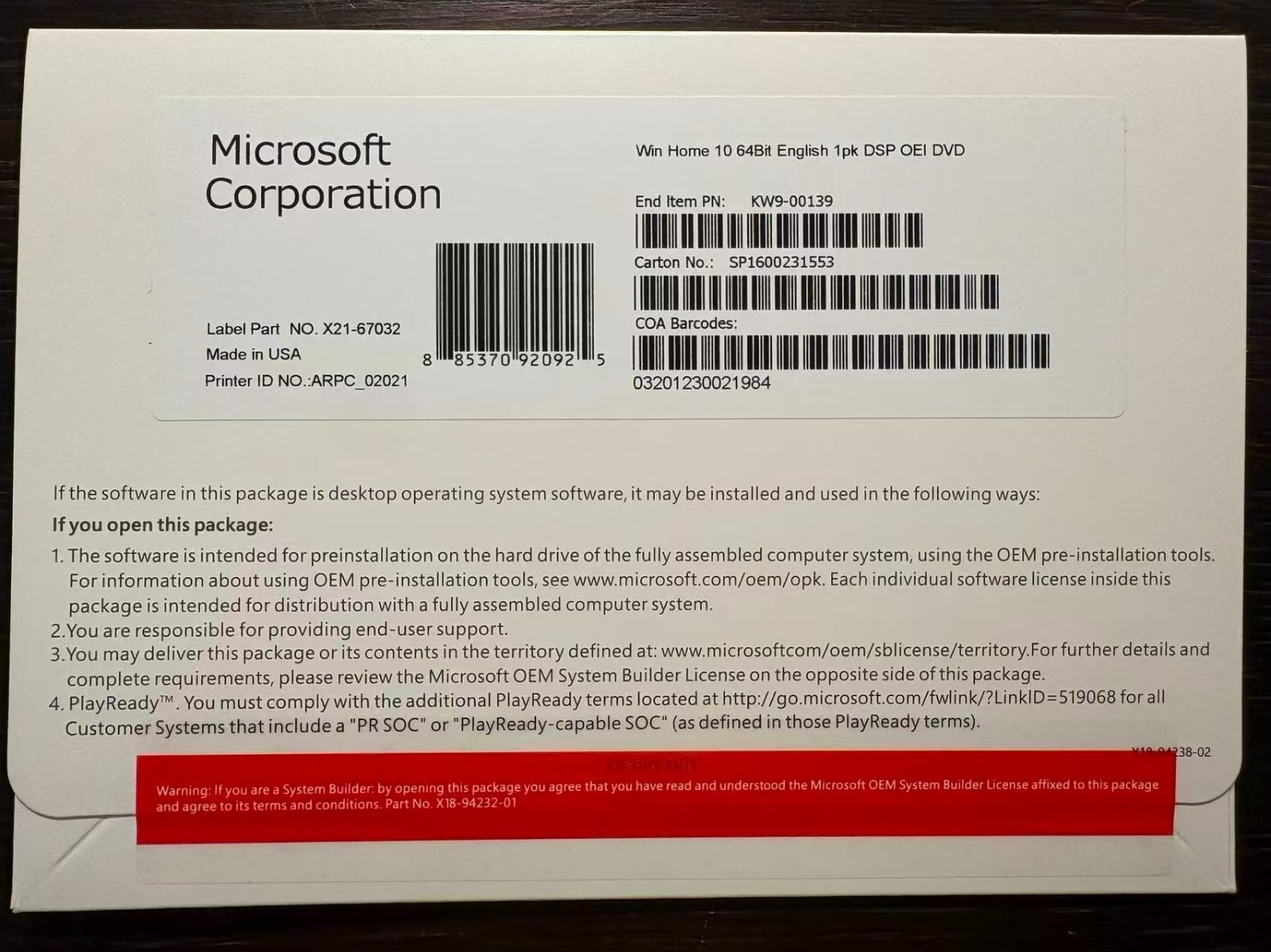Microsoft Windows 10 Home 64 bit DVD+KEY Freeshipping