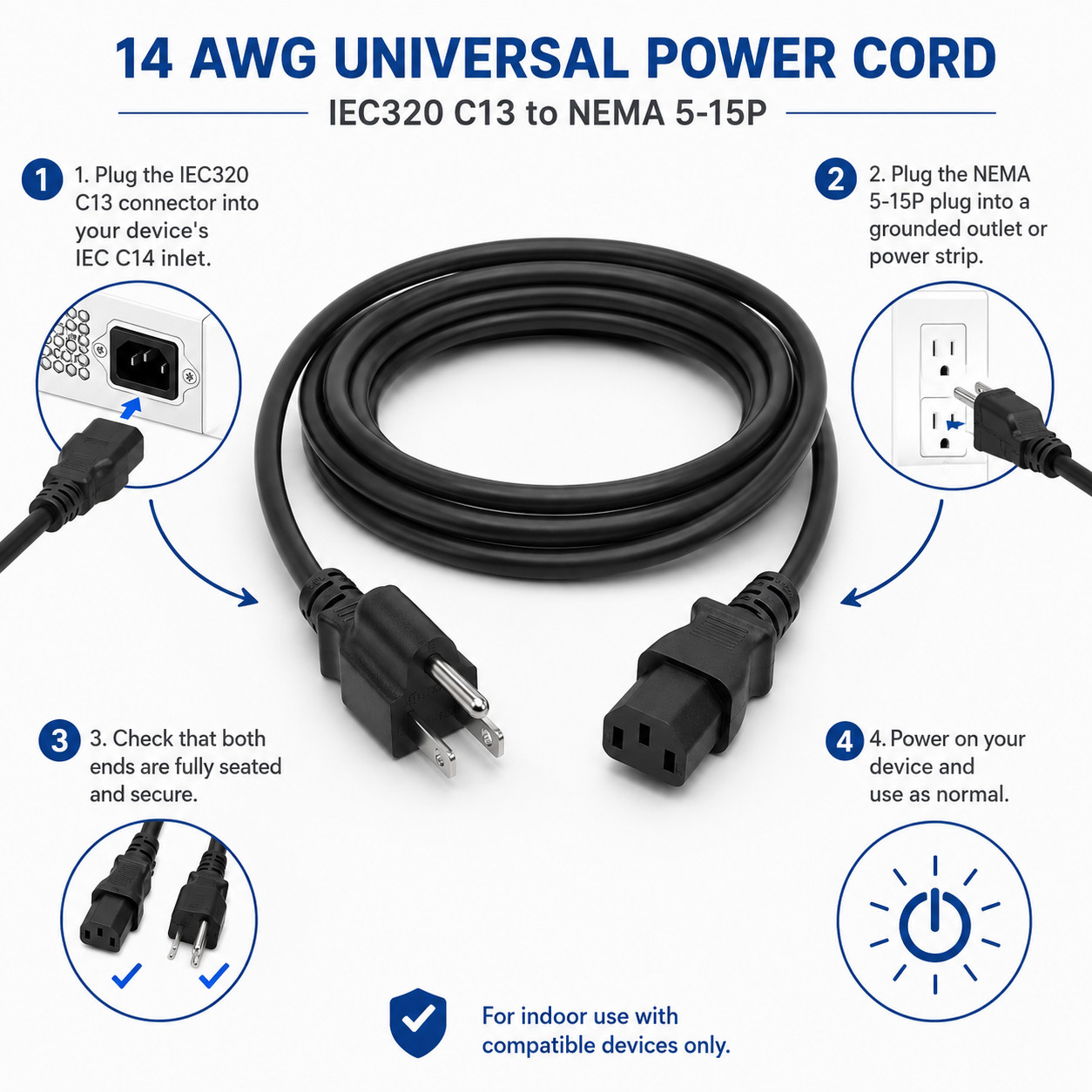 14 AWG Universal Power Cord (IEC320 C13 to NEMA 5-15P)