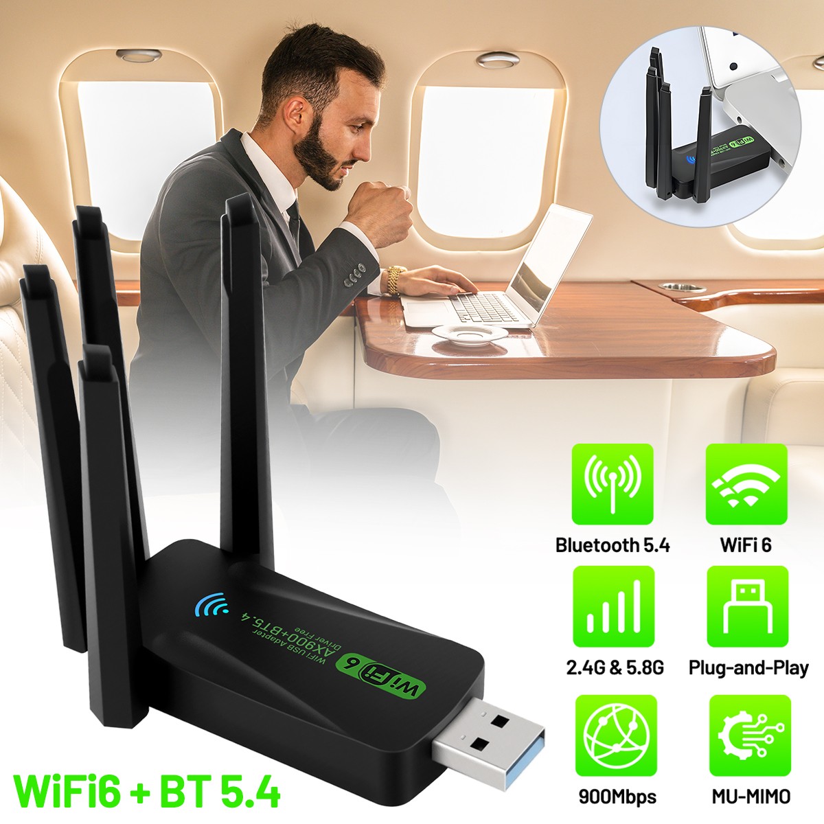 2-in-1 WiFi 6 Bluetooth 5.4 Adapter for Desktop/Laptop, No Driver Needed