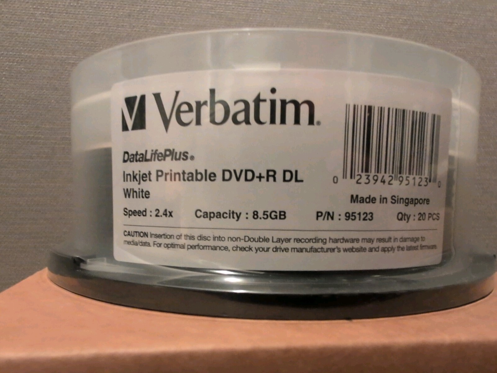 Verbatim 2.4X 8.5GB Dual Layer DVD+R 20 DL Discs cakebox Inkjet Printable Sealed