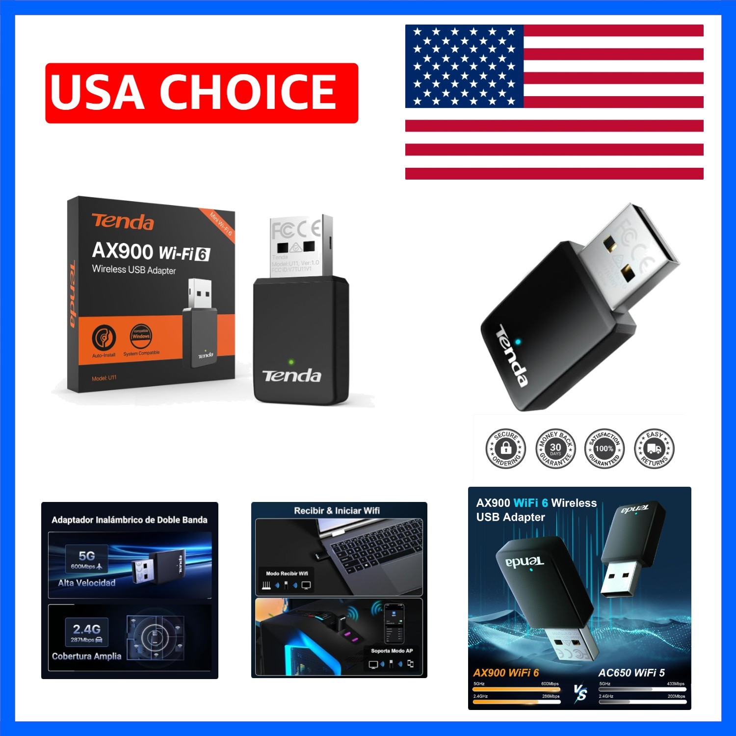 WiFi Adapter for Desktop PC, AX900 USB WiFi Adapter with Dual Band 600Mbps 5G…