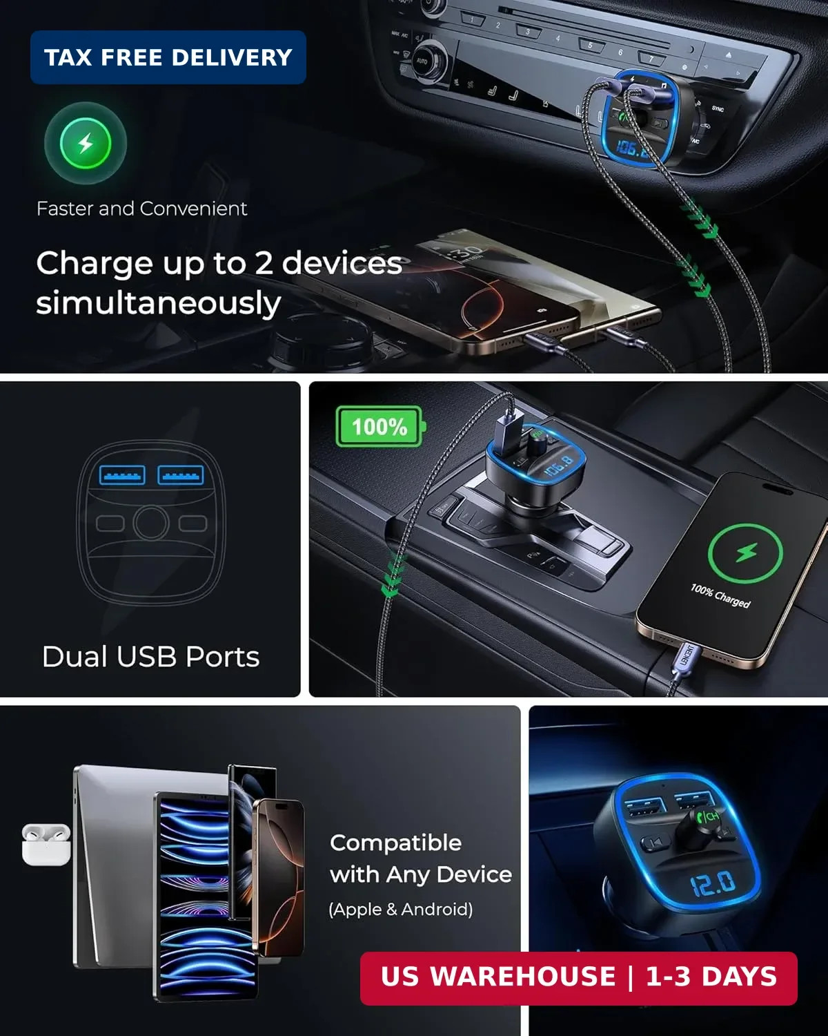 Lencent Fm Transmitter, Bluetooth Fm Transmitter Wireless Radio Adapte
