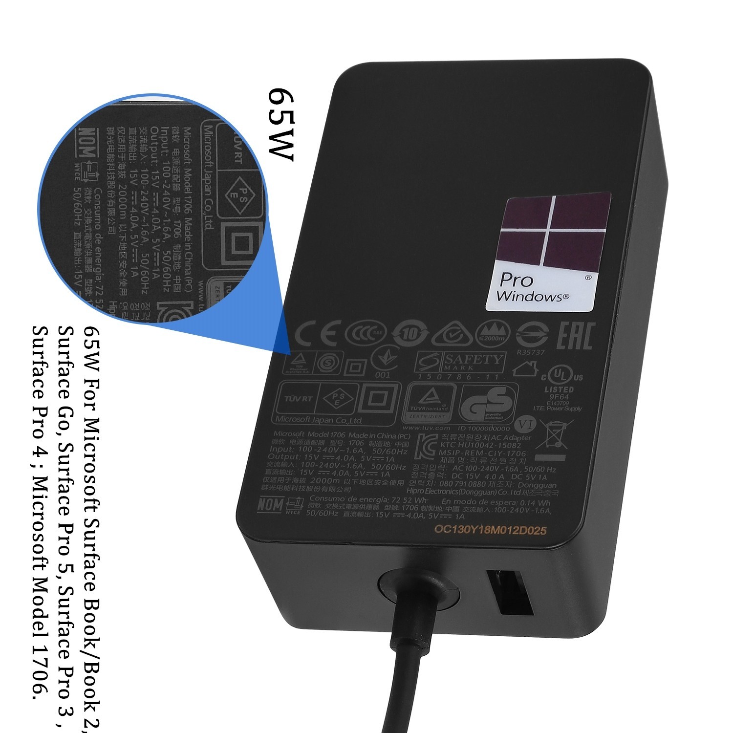 Genuine Microsoft 65W Surface Pro Book 1 2 3 4 5 6 7 X Adapter Charger 1706 1800