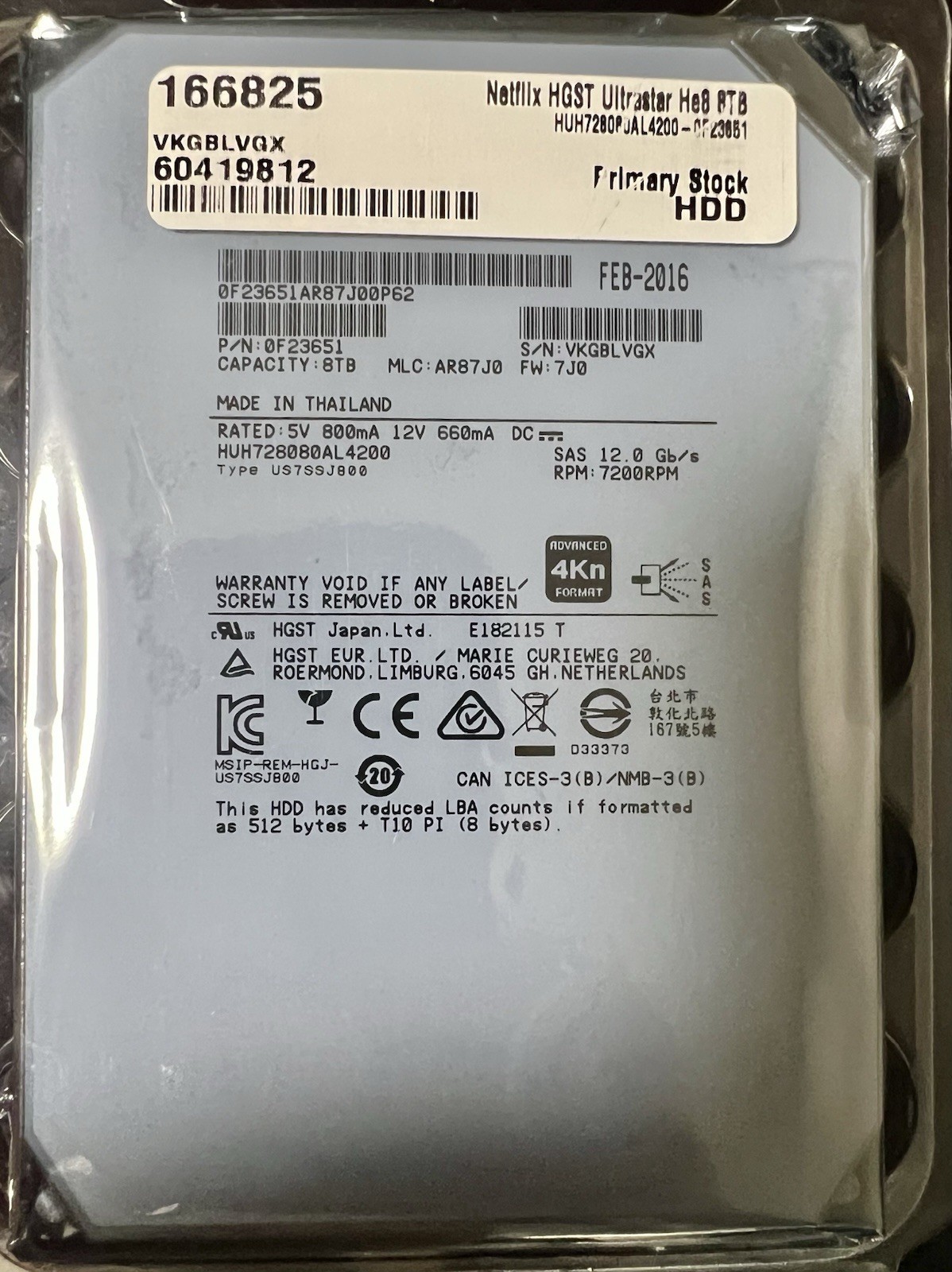NEW SEALED HGST Ultrastar 8TB 7.2K SAS 12Gb/s 3.5in HDD HUH728080AL4200 0F23651