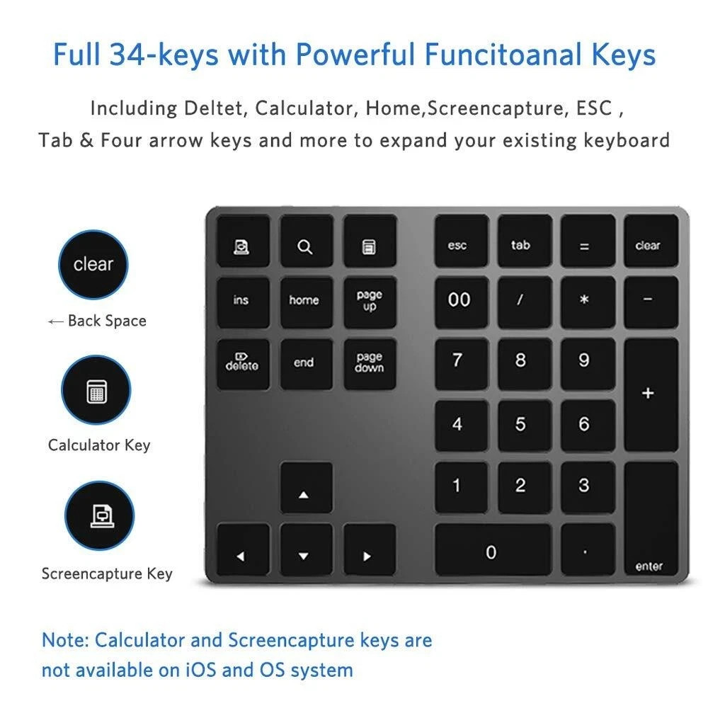 Bluetooth Number Pad Wireless USB-C Rechargeable 34-Keys for MacBook/PC