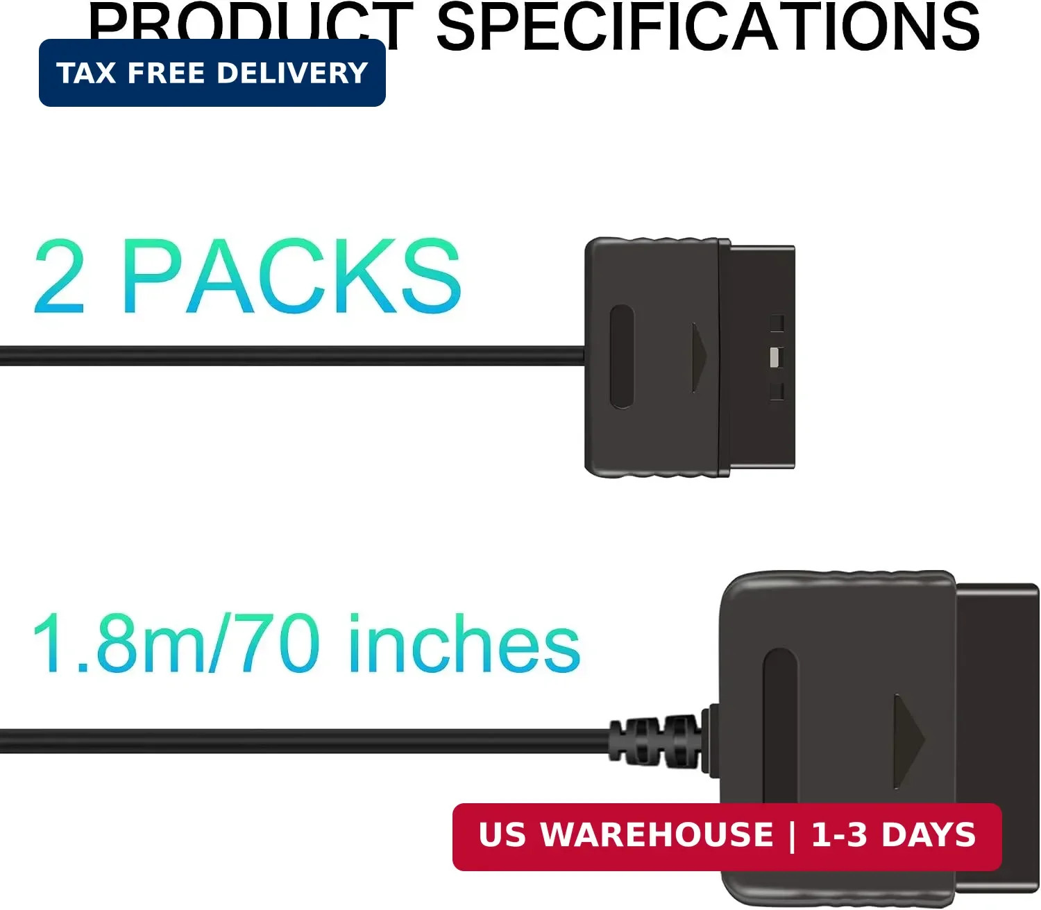Xahpower 2Pack 6Ft Controller Extension Cable for PS2, 1.8m Controller Extension