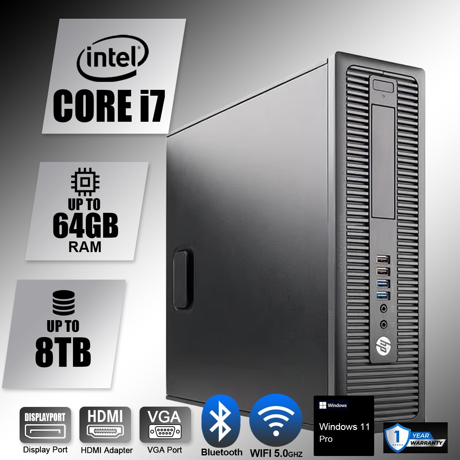 HP Desktop Computer PC i7, up to 64GB RAM, 8TB SSD, Windows 11/10, WiFi BT