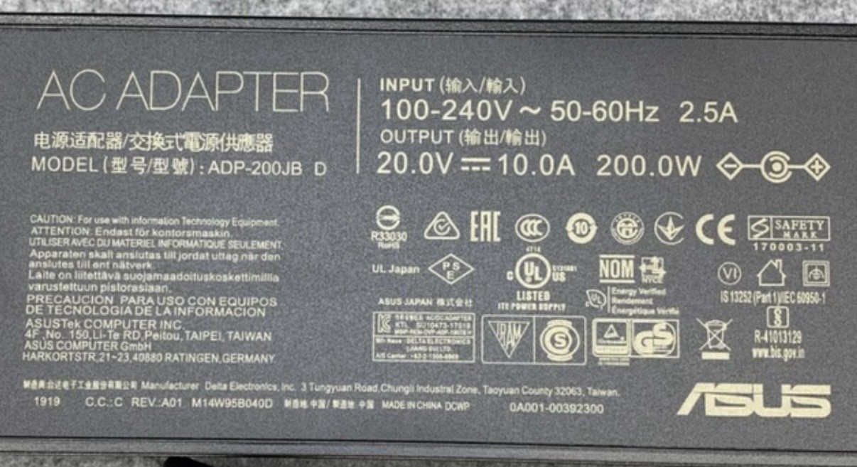 ASUS ROG 200W Laptop Charger 6*3.7mm Round Tip AC Adapter 20V 10A ADP-200JB D