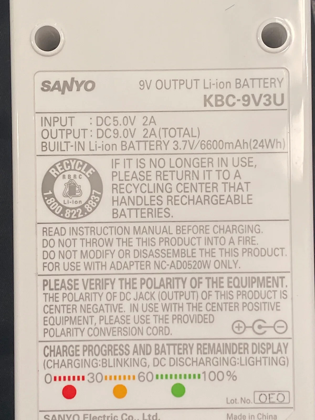 SANYO KBC-9V3U Pedal Juice Rechargeable Power Supply for instrument effect pedal