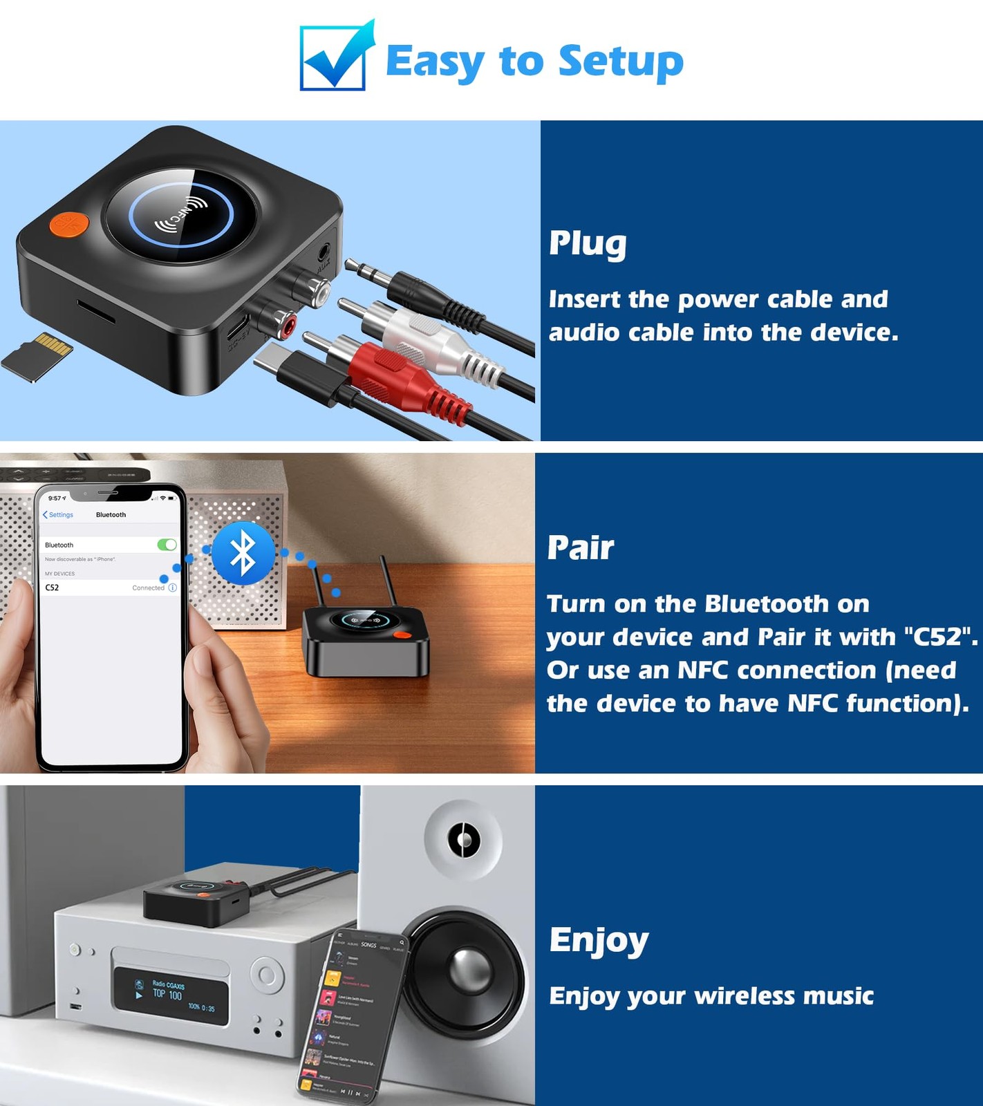 Bluetooth Receiver for Home Stereo, AUX RCA Adapter, NFC, 33ft Range
