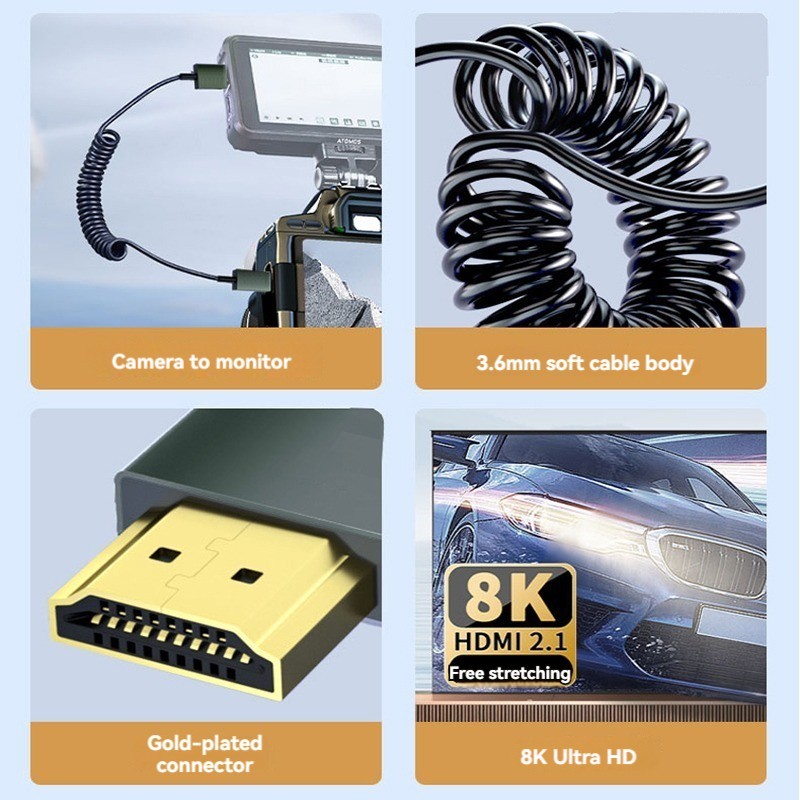 8K HDMI to MINI/Micro HDMI Coiled Cable 90 Degree Angled 2.1 Cable for Camera PC