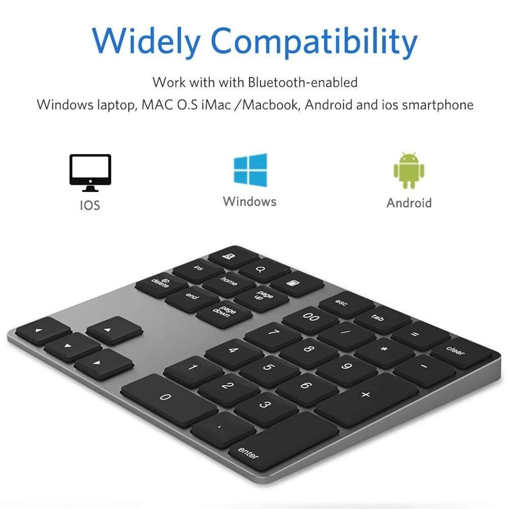 Bluetooth Number Pad Wireless USB-C Rechargeable 34-Keys for MacBook/PC