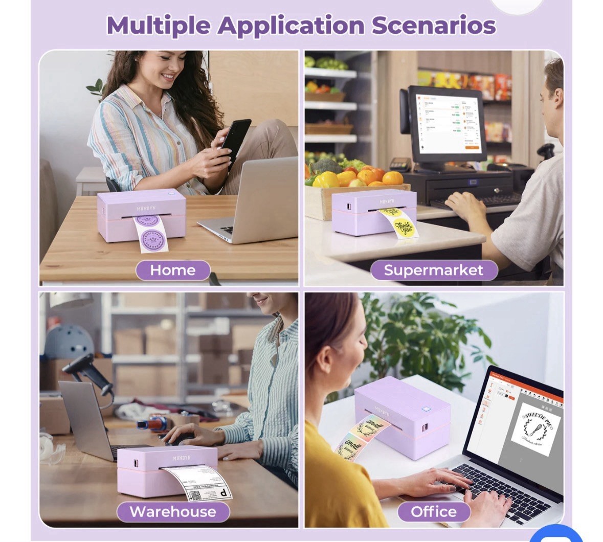 New Purple lMUNBYN RealWriter 130B Thermal Printer – Bluetooth, USB, No Ink