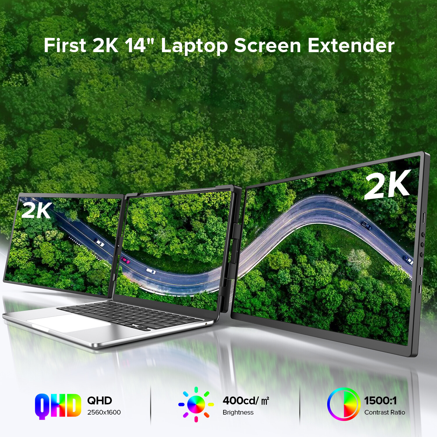 14 Inch 2K Tri-Screen Laptop Monitor Extender Triple Display Kompatibel mit Mac