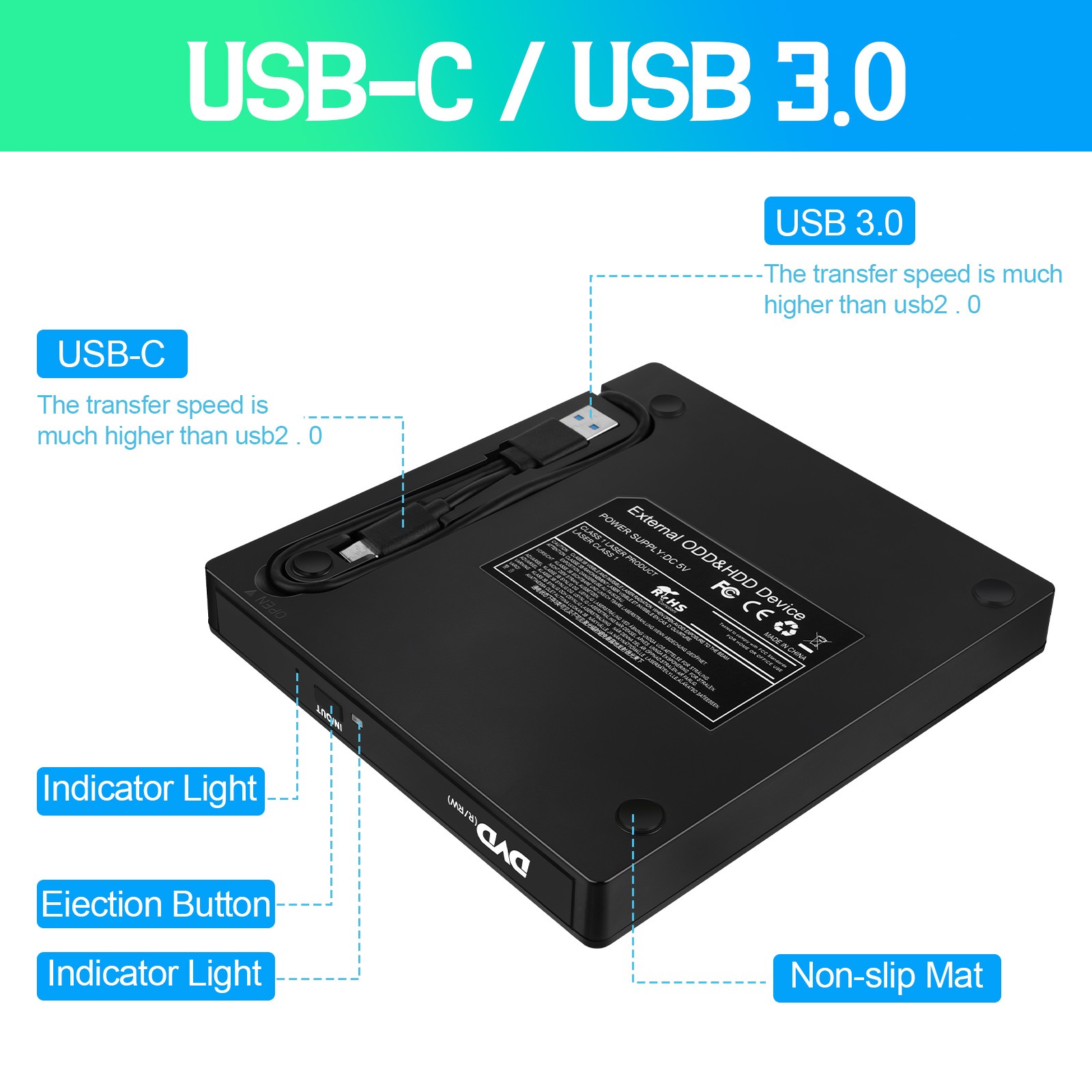 NEW External DVD Optical Drive Type-C USB 3.0 CD Writer USB C DVD +/-RW Reader