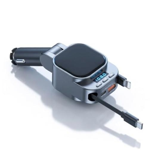 Bluetooth Car Adapter FM Transmitter, 96W Retractable Charger, 4-in-1