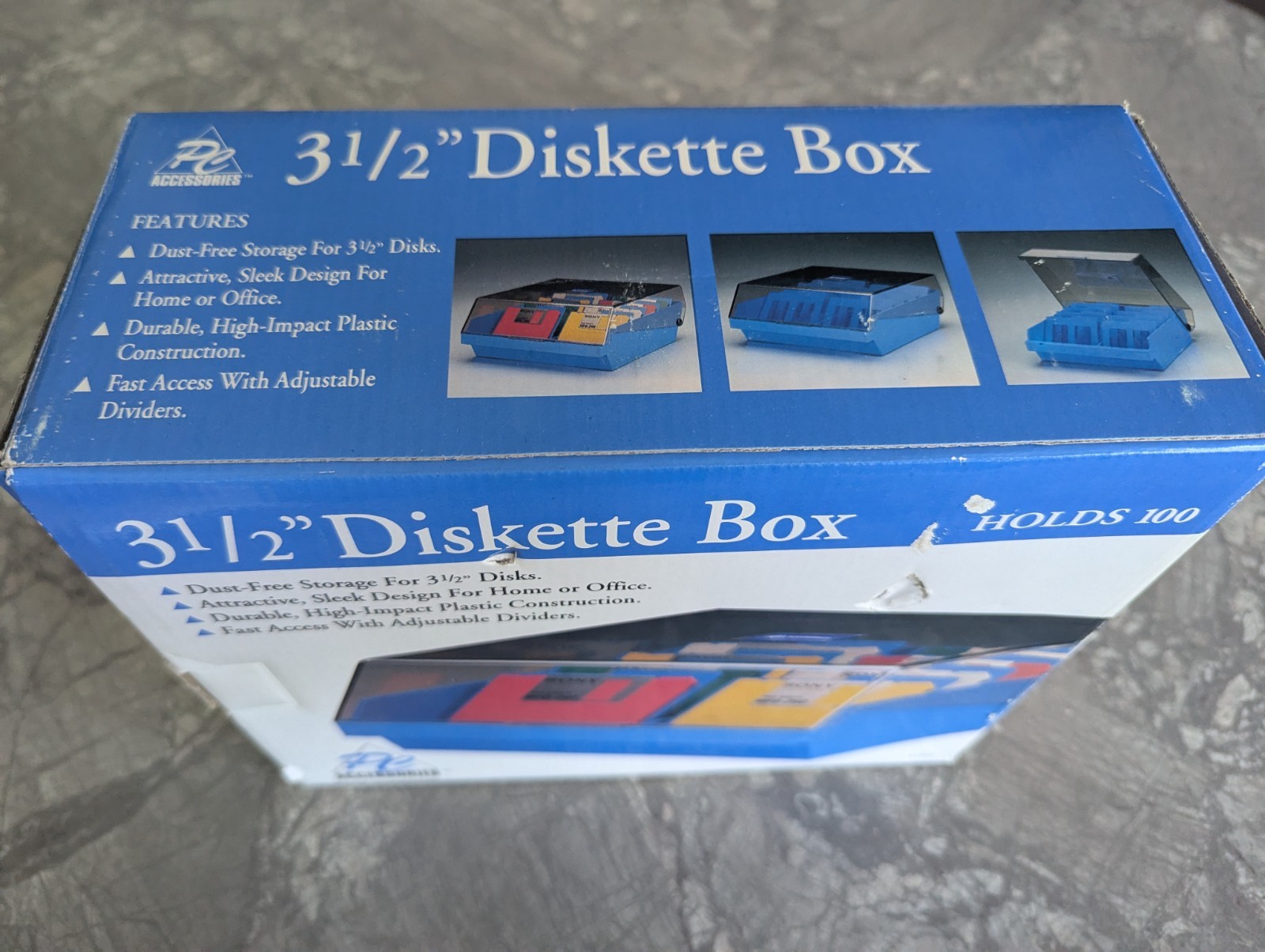 PC Accessories 3.5″ Diskette Floppy Disks Storage Box Blue 100 Capacity w/Box