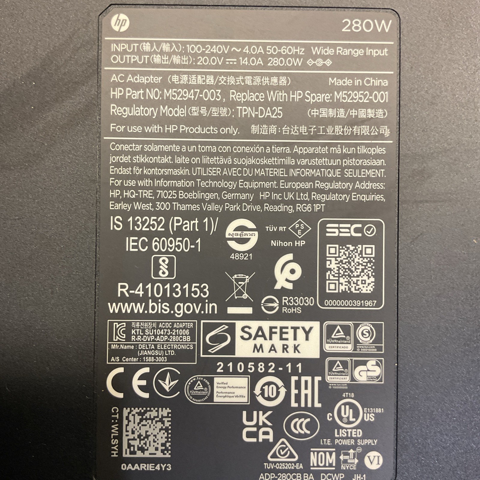 Original AC Adapter Charger for HP 280W 20V 14A TPN-DA25 M52947-003 M52952-001
