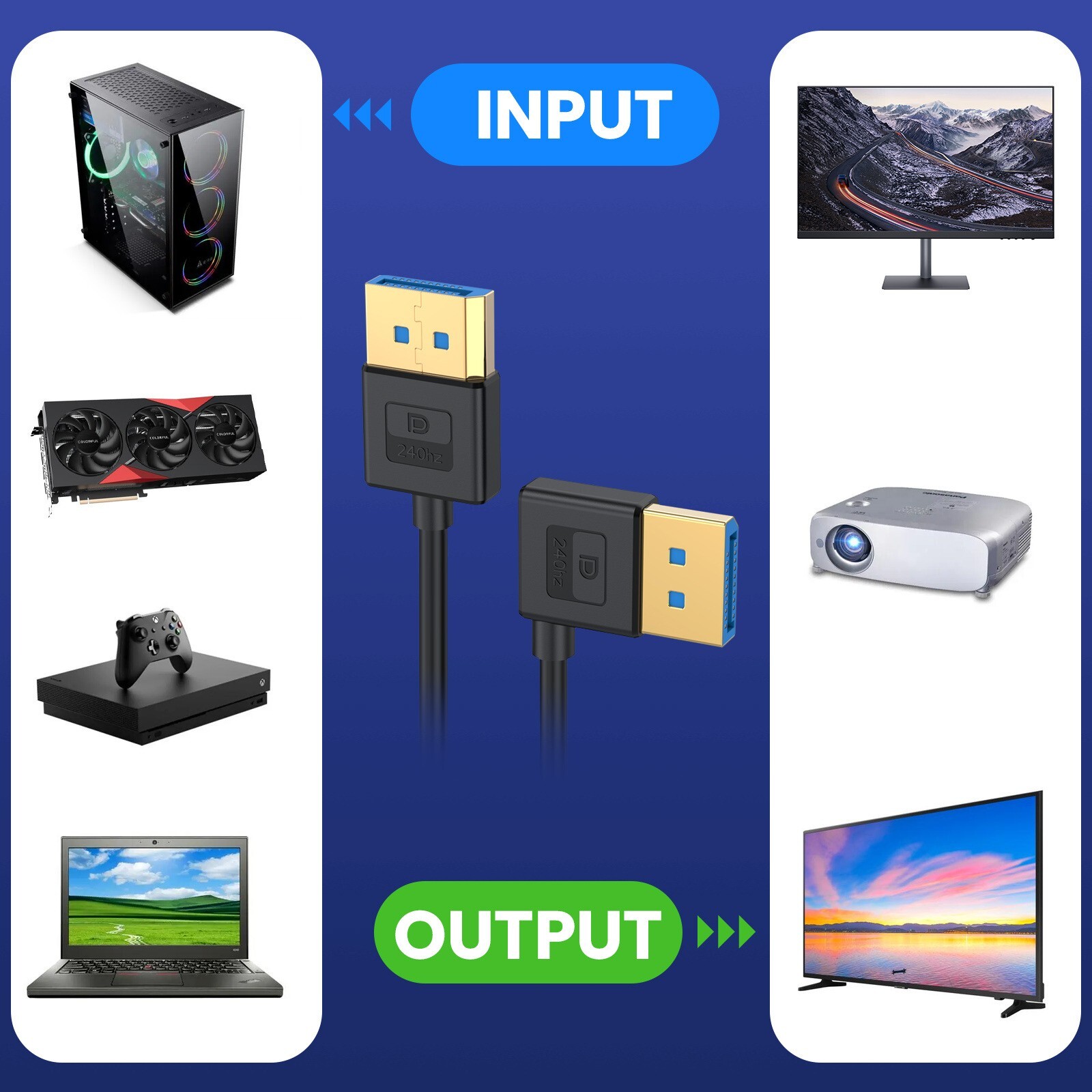Right Angle DisplayPort Male To DisplayPort Male Cable 1.4V 8K/60Hz Gold Plated