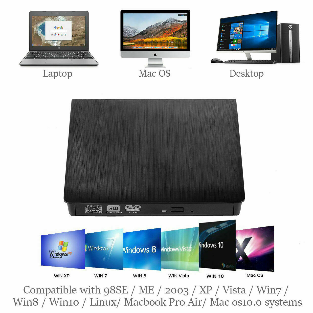 External CD DVD Drive For PC Laptop Windows 11 10 USB 3.0 Burner Reader Writer