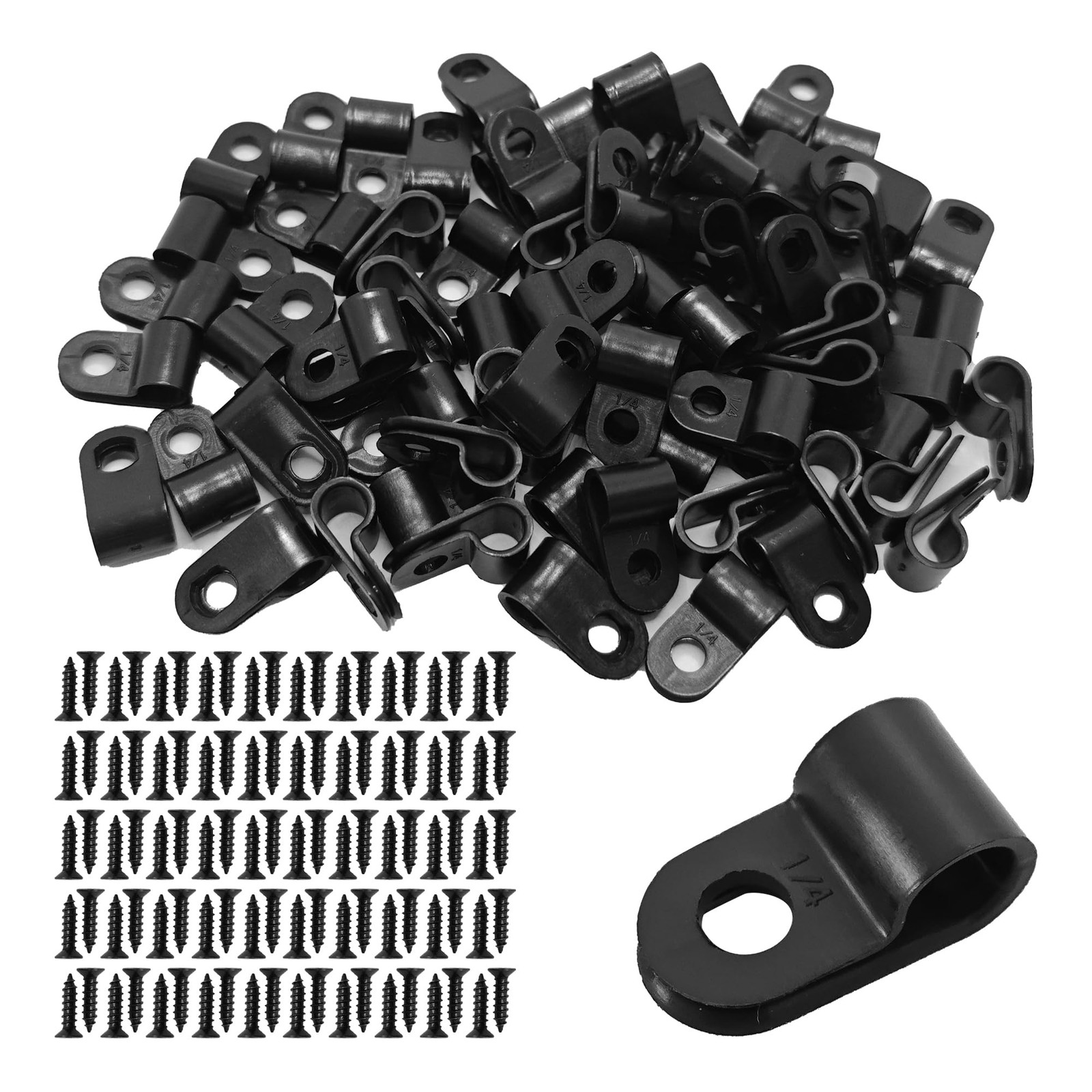 100 PCS RType Cable Clips 1/4″ Black Nylon Plastic Wire Clamps Screws Home