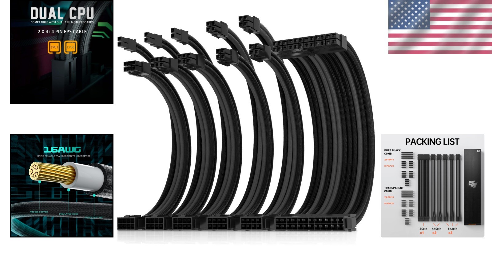 Versatile 30cm Power Supply Extension with 1×24-Pin ATX & Dual 8-Pin EPS