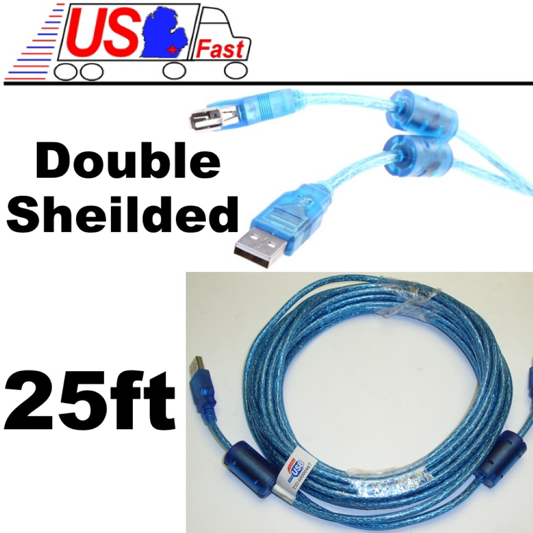25ft long USB2.0 A Male~Female Extension Camera/Webcam/Printer Cable/Cord {BLUE
