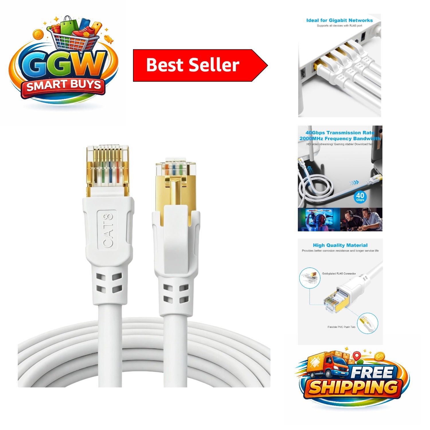 1.5ft CAT 8 Ethernet Cable – Shielded, Copper Core, Ideal for Gaming & Streaming
