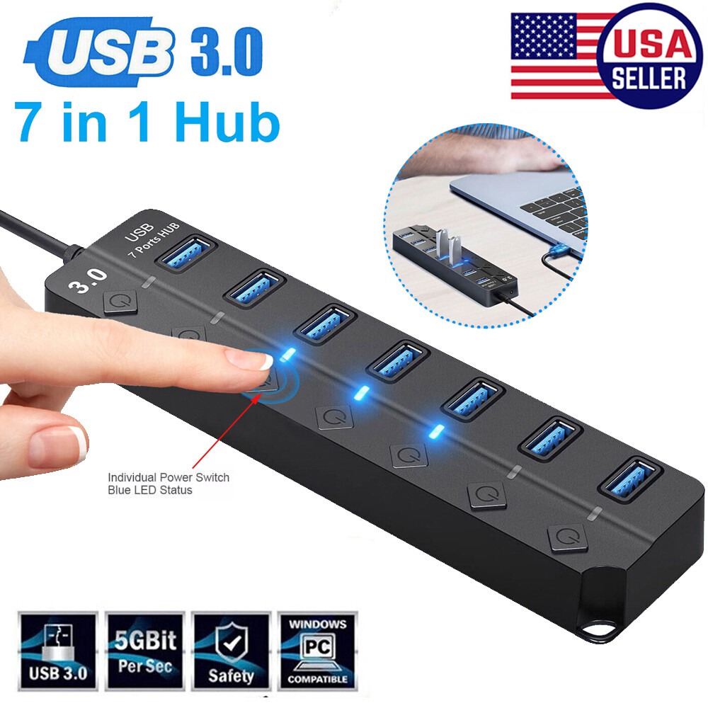 7 Port USB 3.0 Hub Splitter Adapter On/Off Switch High Speed For PC Laptop Mac
