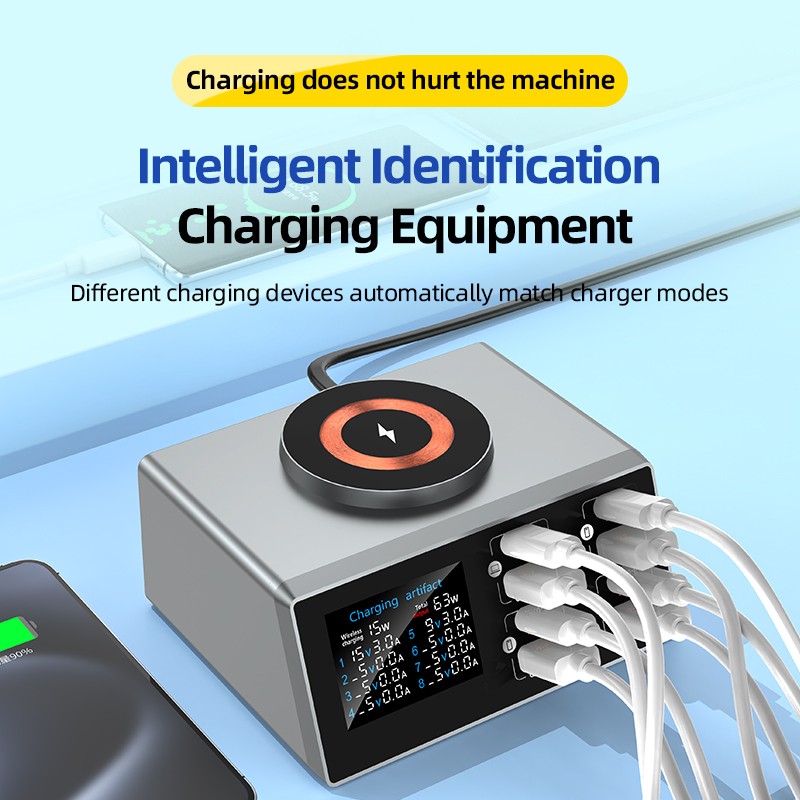 140W USB Charger with 8 USB Port 4 USB & 4 USB-C PD Fast Wireless Charger Dock