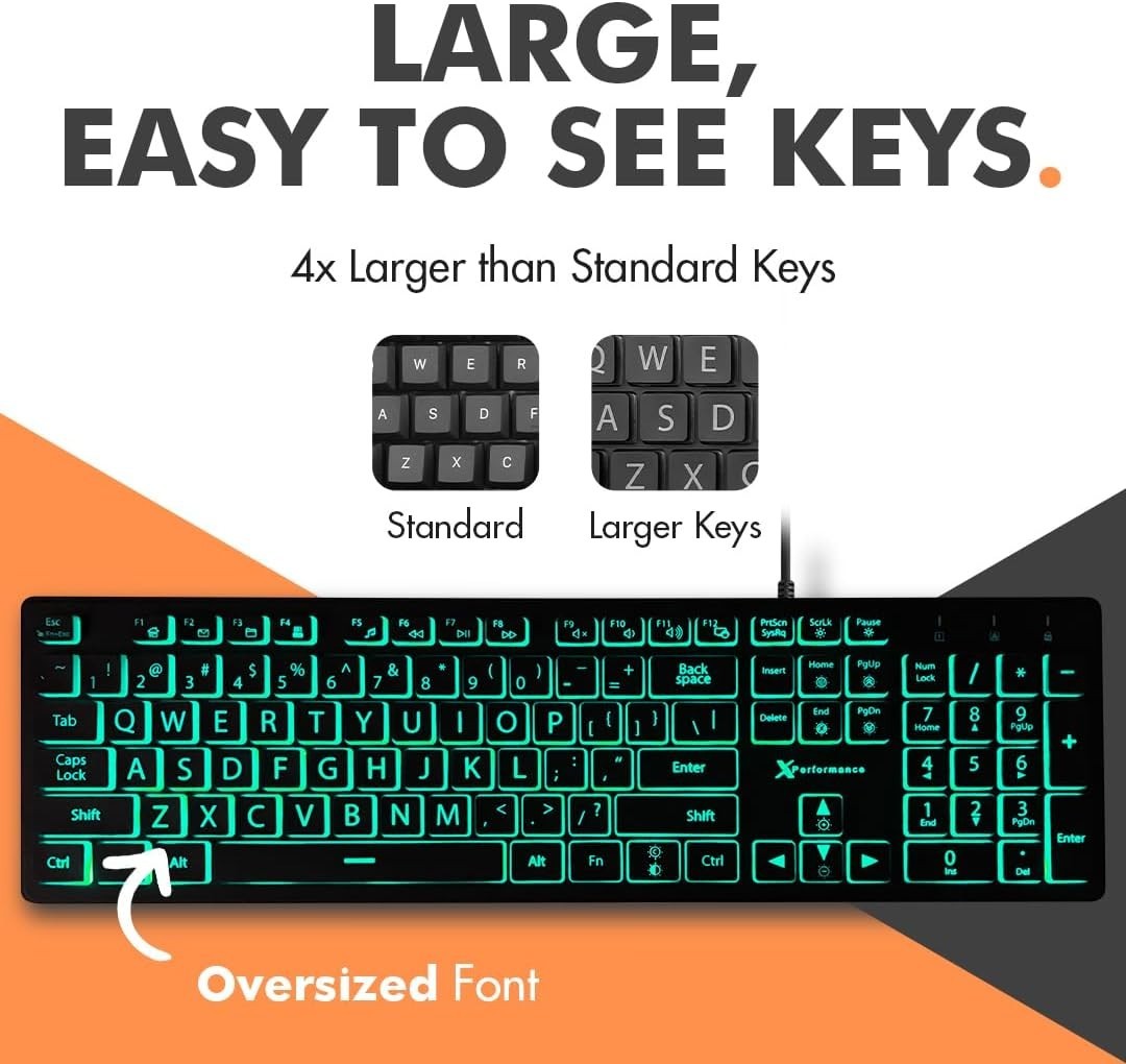 Wired Large Print Backlit Keyboard for PC – Perfect Visibility with 7 RGB Colors