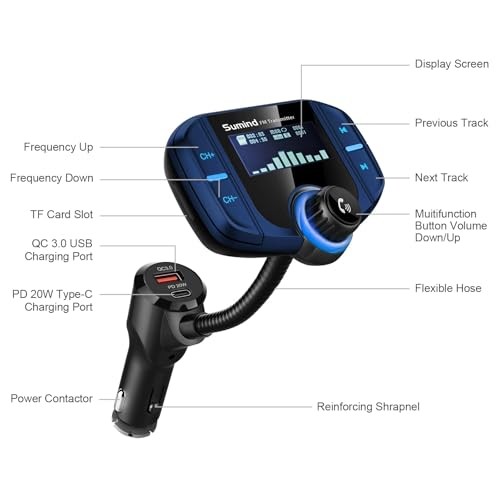 2026 Upgraded Wirelesstooth Car Adapter FM Transmitter, 1.7” LCD Blue PD