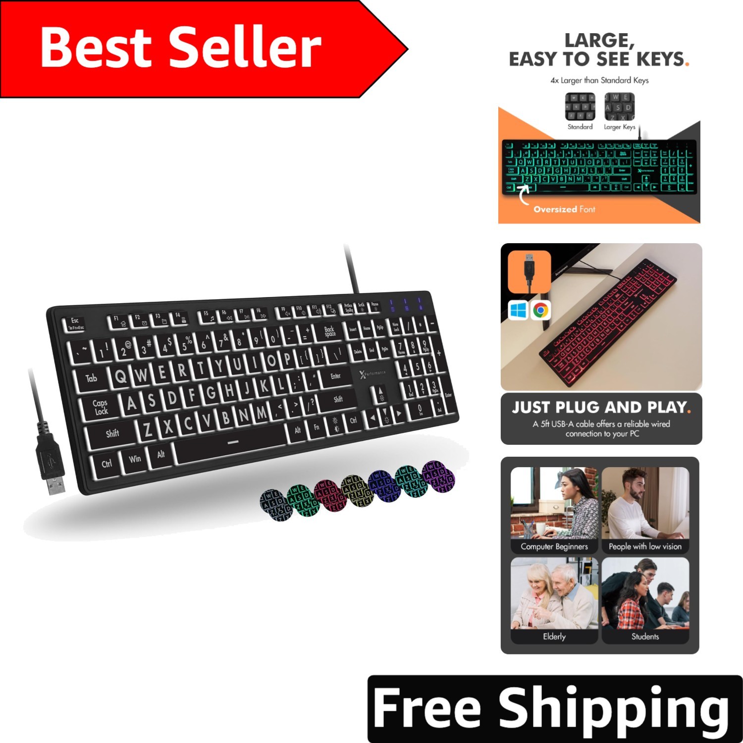 Wired Large Print Backlit Keyboard for PC – Perfect Visibility with 7 RGB Colors
