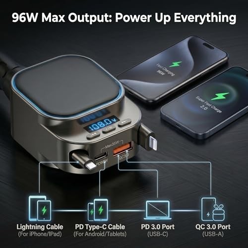 Bluetooth Car Adapter FM Transmitter, 96W Retractable Charger, 4-in-1