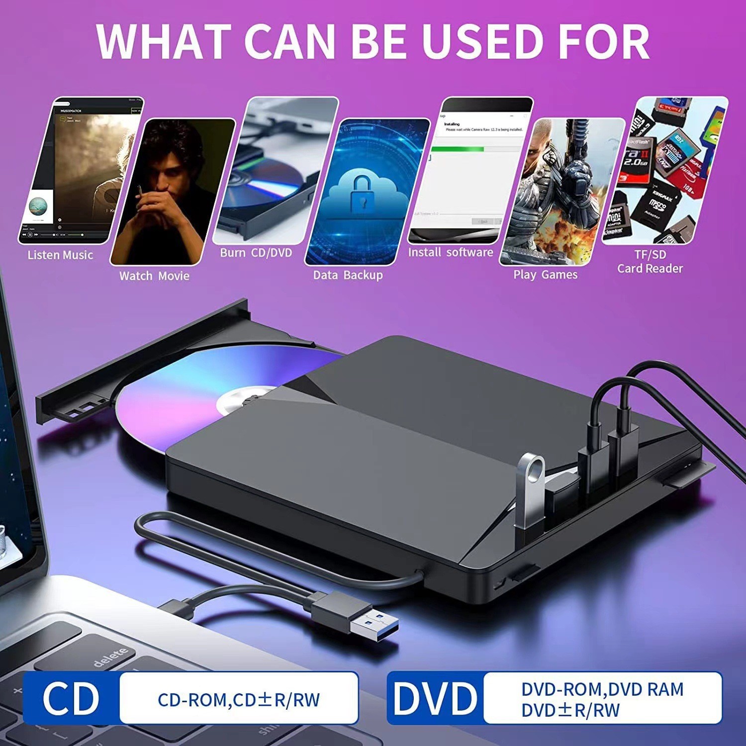 7-in-1 Slim External CD DVD Drive USB 3.0 Reader Writer Burner Player For Laptop