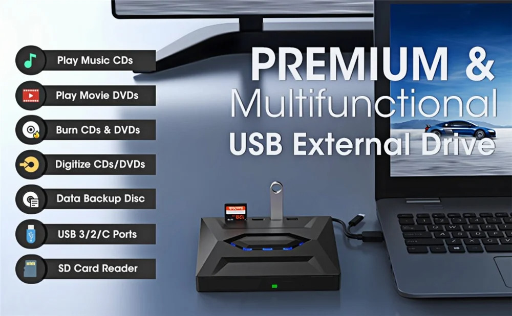 External CD DVD Drive USB 3.0 Writer Burner Player for PC Laptop Windows 11 10