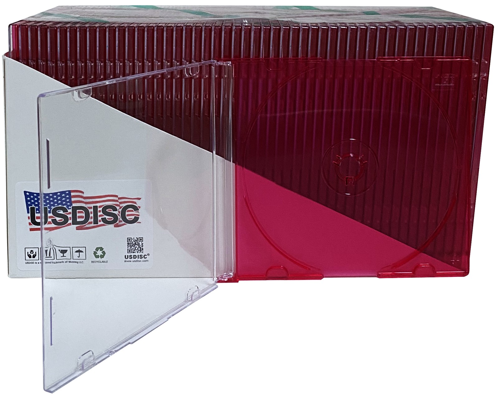 USDISC CD Jewel Cases Slimline 5.2mm, Single 1 Disc (Clear Red) Lot