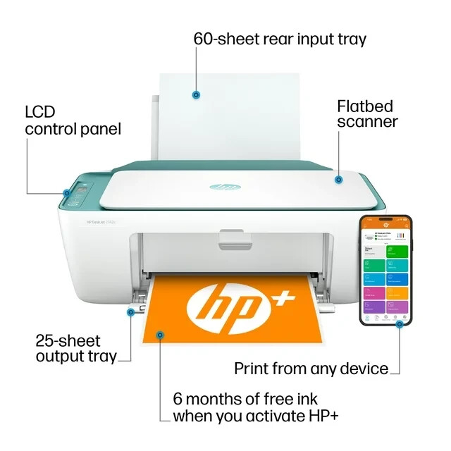 New HP 2742e/2742 All In One Wireless Printer-Copy-Scan+Free SetupINK-Green/Blue