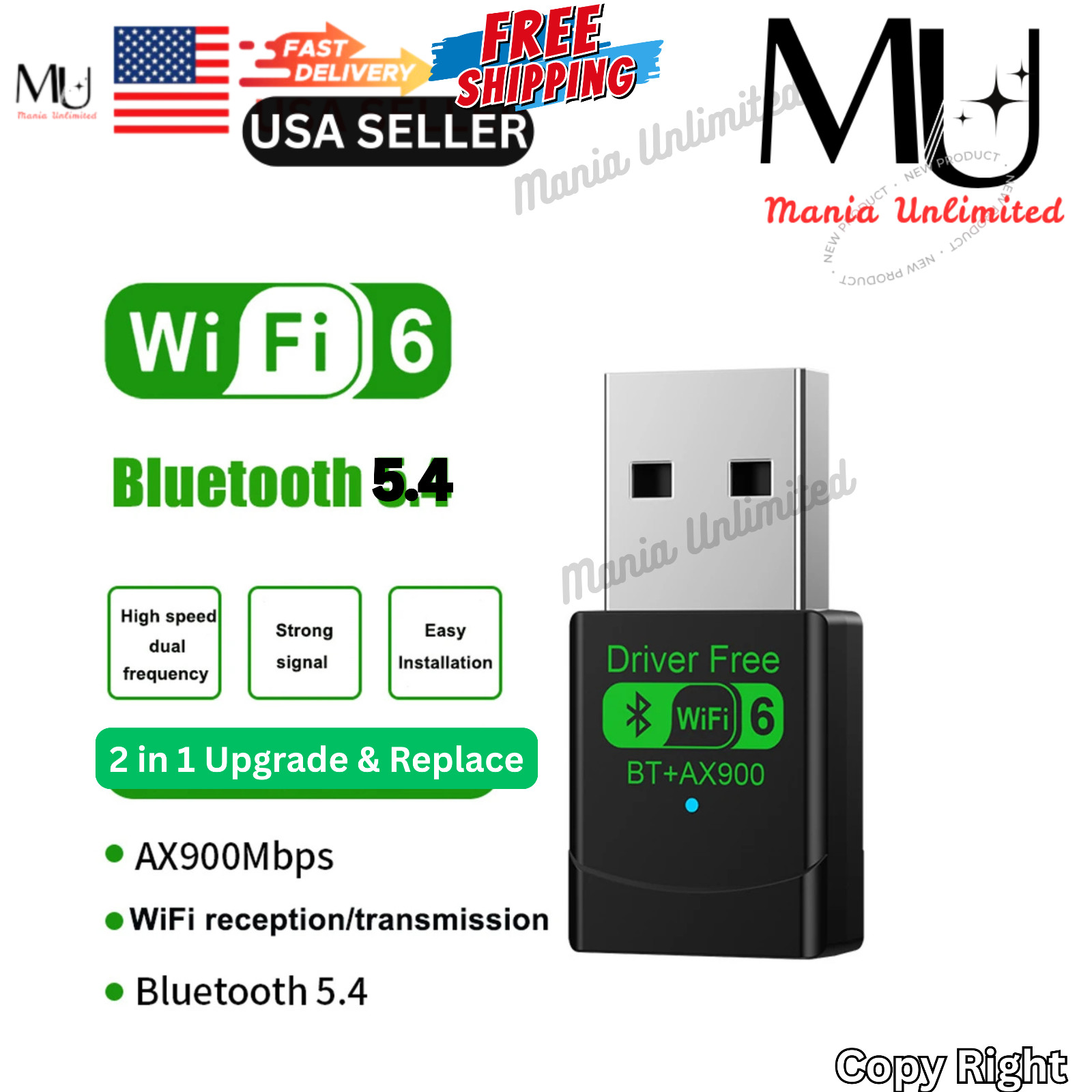 USB WiFi-6 900Mbps 2 in 1 Dongle 2.4G 5GHz Dual Band & BT 5.4 Win10,11 Free ship
