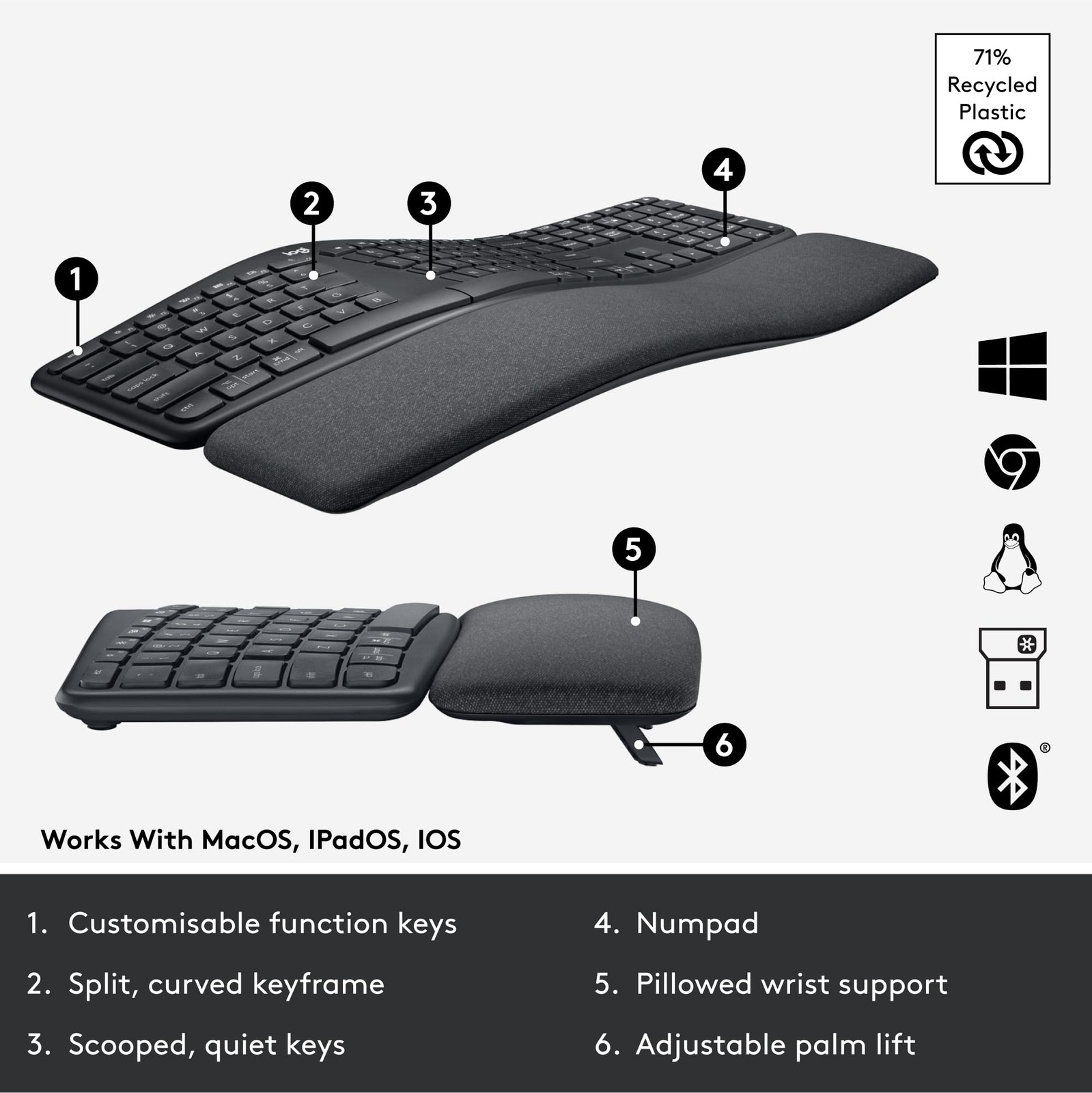 Logitech – ERGO K860 Ergonomic Wireless Keyboard for Windows and Mac with Palm