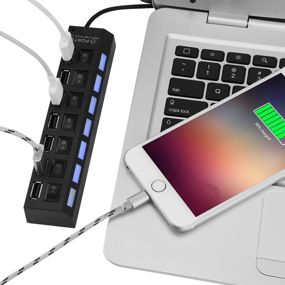 USB Hub 7 Port On/Off Switch High Speed Splitter AC Adapter Cable PC Laptop Lot