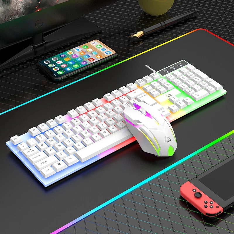Wired Gaming Keyboard and Mouse Set RGB LED Rainbow Backlit for Computer Desktop