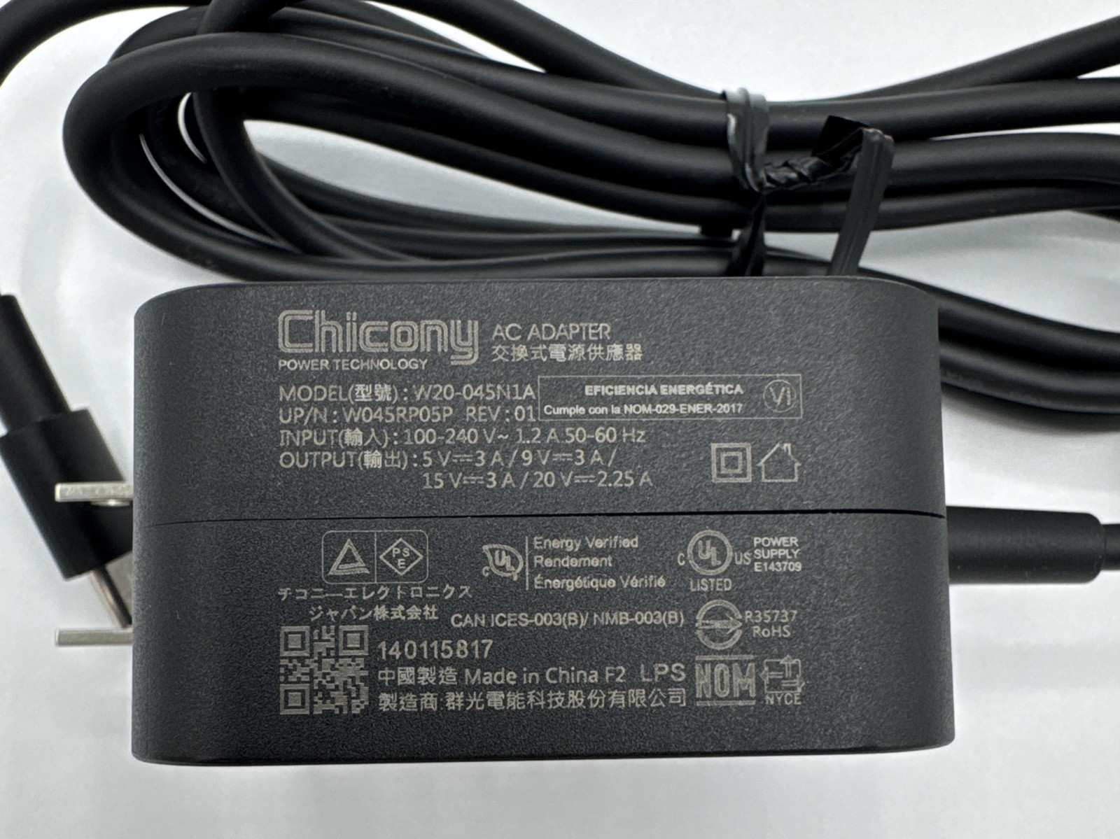 Chicony W20-045N1A 5V-3A/9V-3A/15V-3A/20V-2.25A USB-C Power Adapter Charger