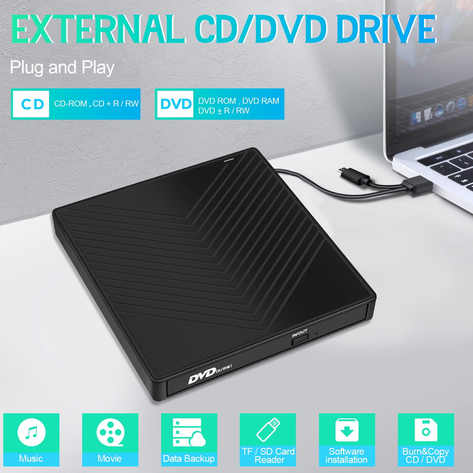 NEW External DVD Optical Drive Type-C USB 3.0 CD Writer USB C DVD +/-RW Reader